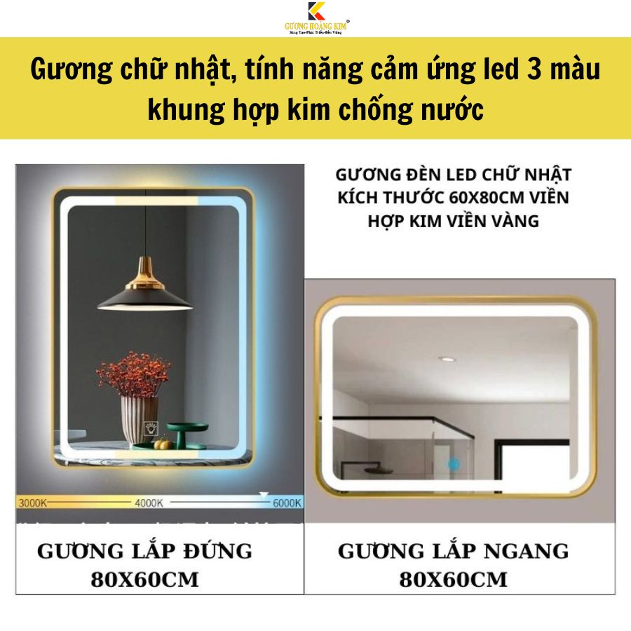 Gương Nhà Tắm hình chữ nhật, Khung hợp kim, Tính năng Đèn LED Cảm Ứng 3 Màu