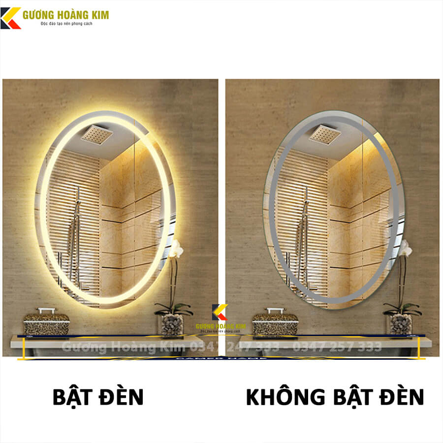Gương đèn led elip hoàng kim tính năng cảm ứng phá sương, đồng hồ nhiệt độ, loa bluetooth cao cấp – guonghoangkim mirror HK-2001V