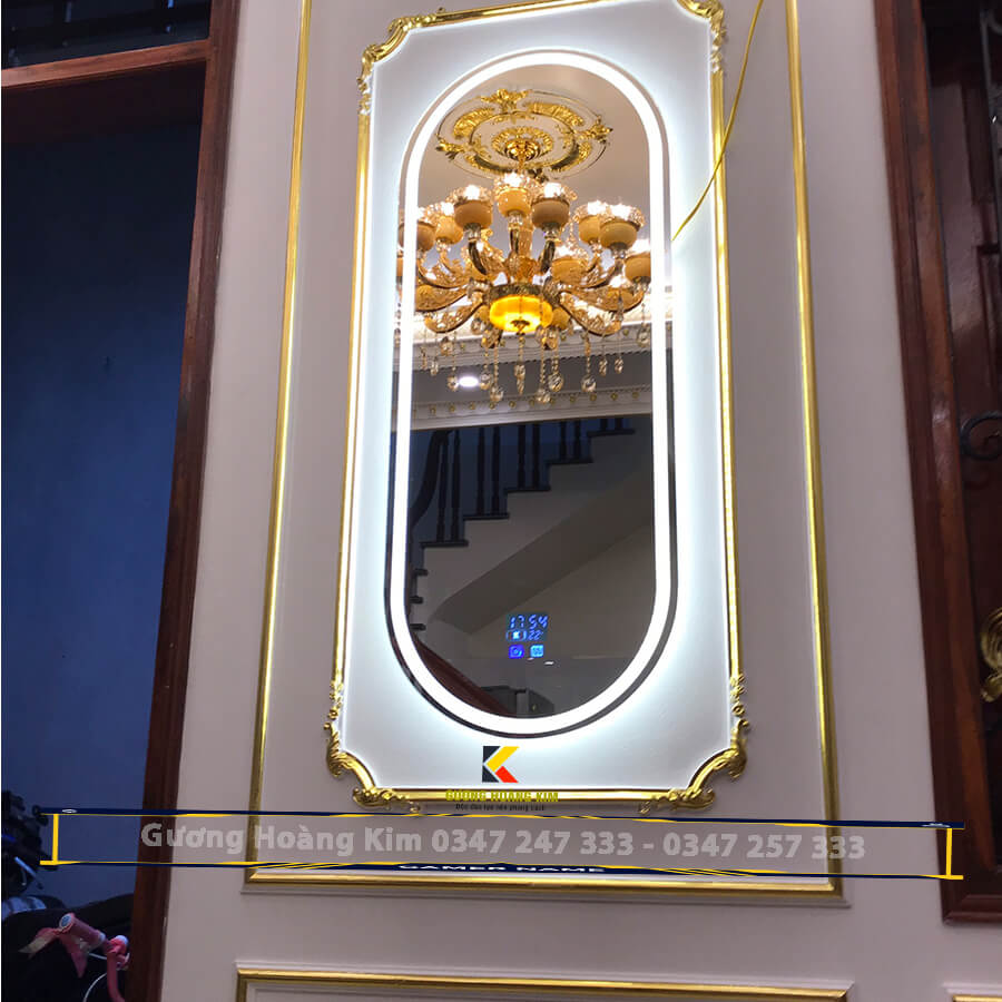 Gương đèn led oval hoàng kim tính năng cảm ứng đồng hồ nhiệt độ, kết nối loa bluetooth – guonghoangkim mirror HK2006V
