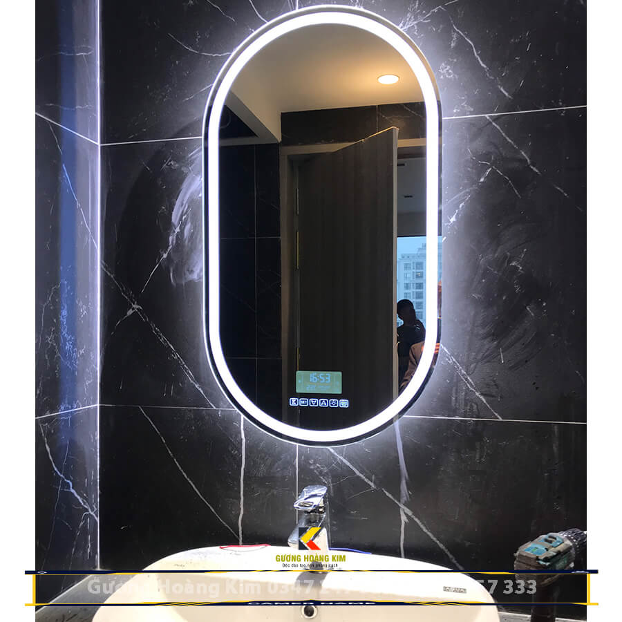 Gương đèn led oval hoàng kim tính năng cảm ứng đồng hồ nhiệt độ, kết nối loa bluetooth – guonghoangkim mirror HK2006V