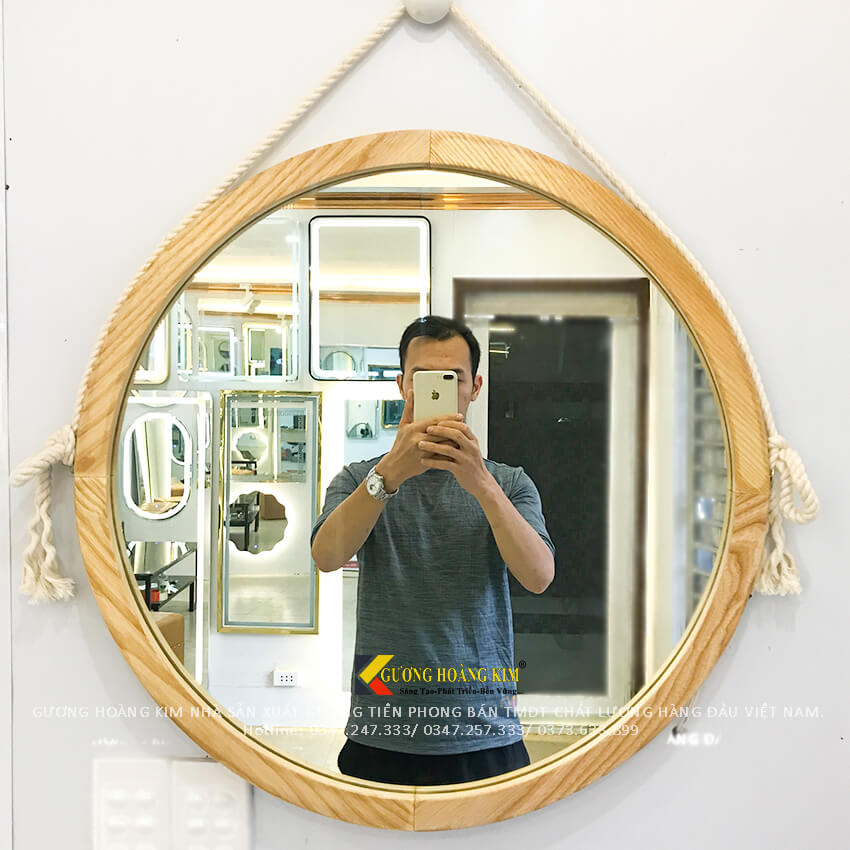 Gương khung gỗ treo tường viền tròn dây thừng guonghoangkim mirror KG-0005