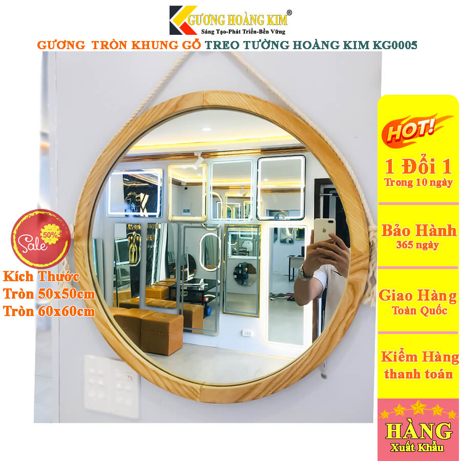 Gương treo tường khung gỗ hình tròn guonghoangkim mirror KG-0005